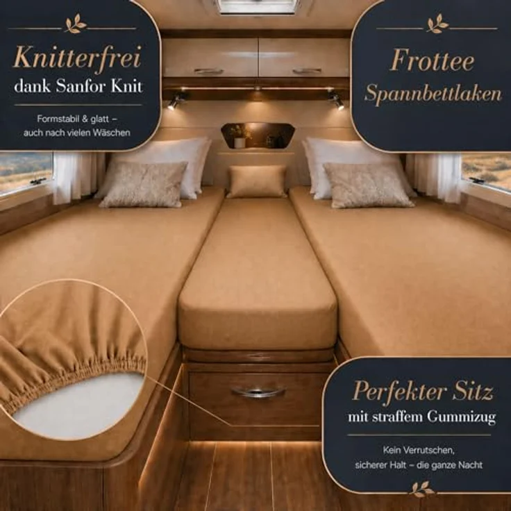 Frottee Spannbettlaken für Wohnmobile Heckbett 3-teilig 2 Längsbetten + 1 Mittelteil Sand – Bild 3