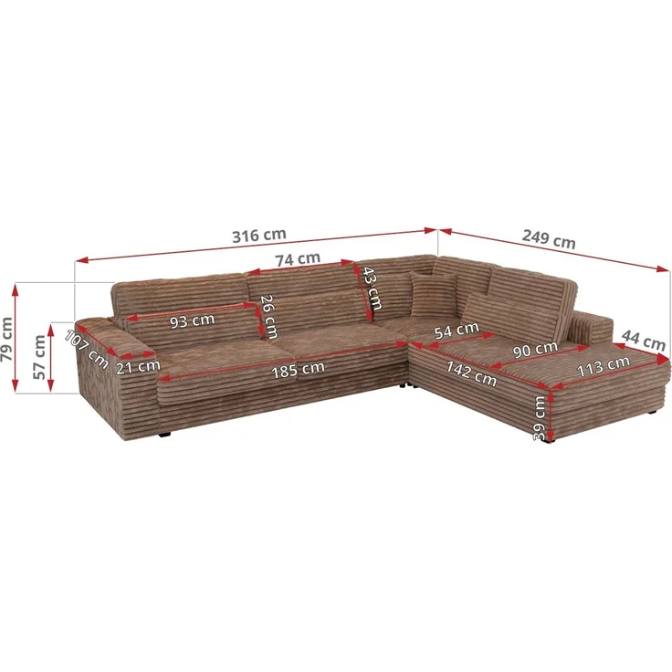 Freistehendes Ecksofa mit lose Kissen, L-form - SAVONA - rechts - Braun Cord – Bild 7