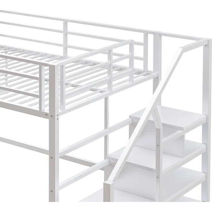 Hochbett mit Lattenrost, 140x200 cm, Metallbett mit Rausfallschutz, Regal, Treppe, Jugendbett, Kinderbett – Bild 10