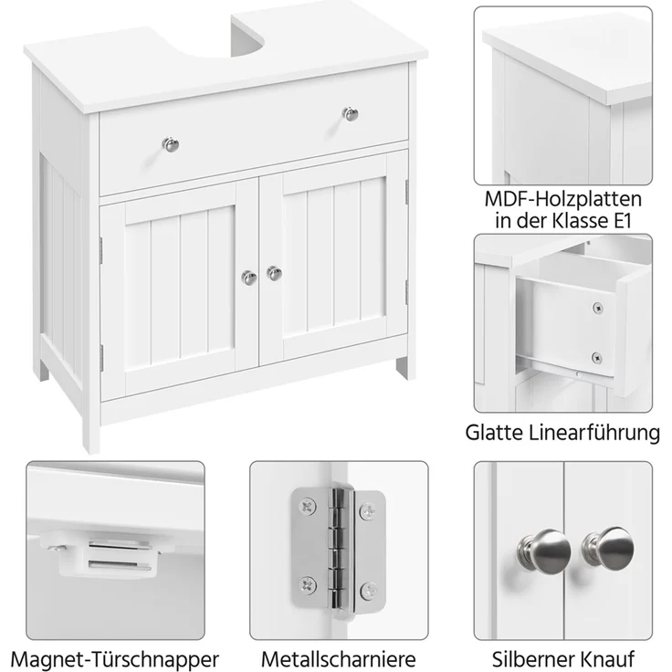 Yaheetech Waschbeckenunterschrank mit Schublade & 2 Türen, Holz weiß, 60x30x60 cm – Bild 7