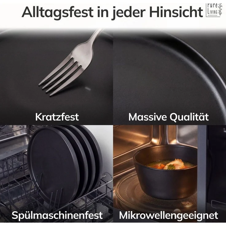 Steingut Geschirrset 12 Pers. Manhattan 36-tlg Hochwertiges Urban Style TEST SEHR GUT Steingut Geschirr Set- Schüssel- und Teller Set- Tafelservice 12 Personen Geschirrsets Pure Living in matt schwarz – Bild 4