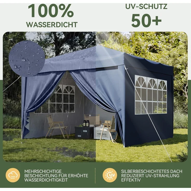 Aoxun Pop Up Pavillon 3x3 Wasserdicht mit 4 Seitenwänden, Metallrahmen-Schutzzelt, Höhe Verstellbar, 3mx3m Faltpavillon mit Tragetasche für Camping Party, Blau – Bild 3