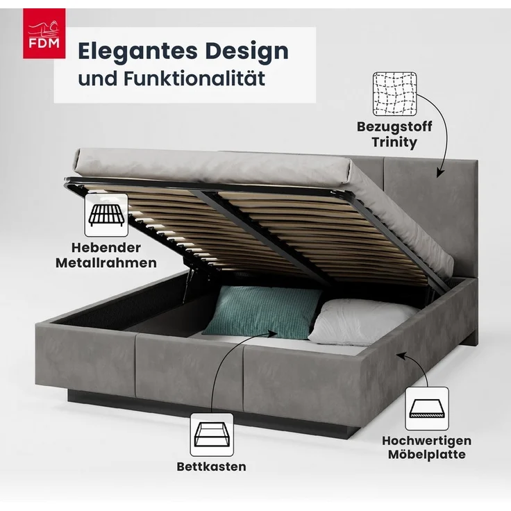 FDM Polsterbett ALMADA modern mit Bettkasten MADE IN EU - mit Trinity Velours Bezug (verfügbar 90x200 120x200 140x200 160x200 180x200cm, Bettrahmen, Bett, mit großen gepolsterten Kopfteil, mit Bettkasten zum aufklappen), Hebbarer Metallrahmen, Bettkast... – Bild 2