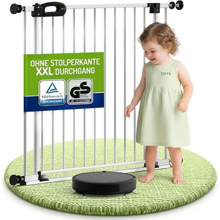 BOMI Türschutzgitter Treppenschutzgitter Merle Flatstep, Babygitter flacher Steg, 63-217 cm (verschiedene Größen, klemm- & verschraubbar), 2-Wege-Öffnung, geprüftes Kindergitter, extra breiter Durchgang