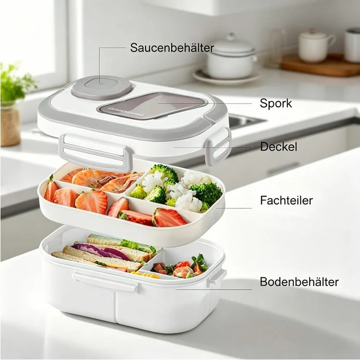 Diwzbyn Lunchbox Bento Box Lunchbox 2-stufig, 6 Fächer, Auslaufsicher, BPA-frei, Mit Saucenbehälter & Besteck, mikrowellengeeignet, 1200 ml – Bild 3