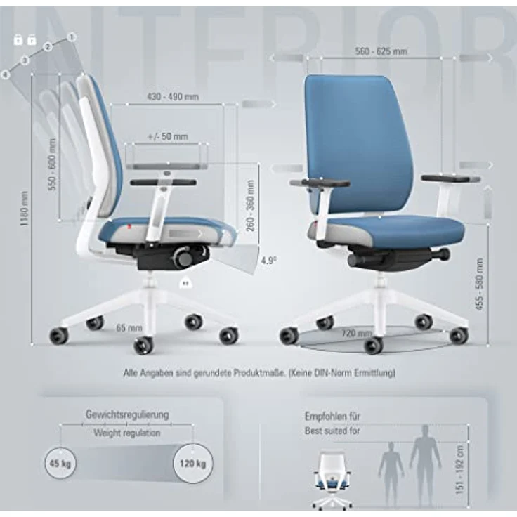 Interstuhl Joyce Interior Edition, ergonomischer Bürostuhl mit Synchromechanik, verstellbarer Rückenlehne und Lordose, Designer-Rollen, Blau | Weiß – Bild 3