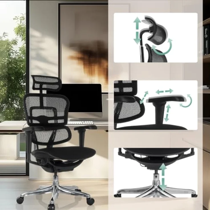 hjh OFFICE Bürostuhl ergonomisch ERGOHUMAN Ultra F GEN2 Originales Design, Bürosessel mit Flexibler Lendenwirbelstütze, Netzbespannung, Schwarz – Bild 6