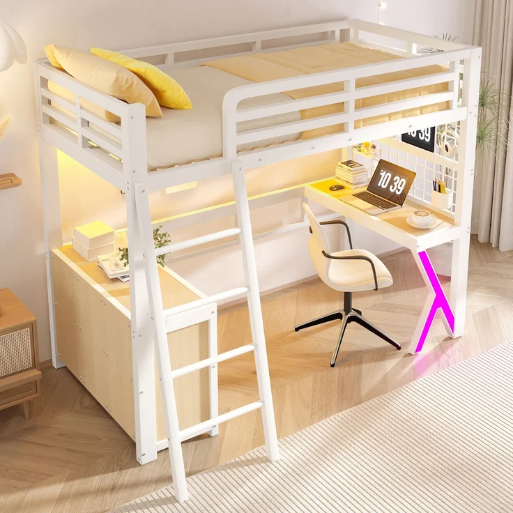 Merax Hochbett, 90 x 200 cm, Kinderbett, Einzelbett mit Tisch, LED - Lichtleiste, Aufbewahrungsschrank, Ohne Matratze, Weiß – Bild 5