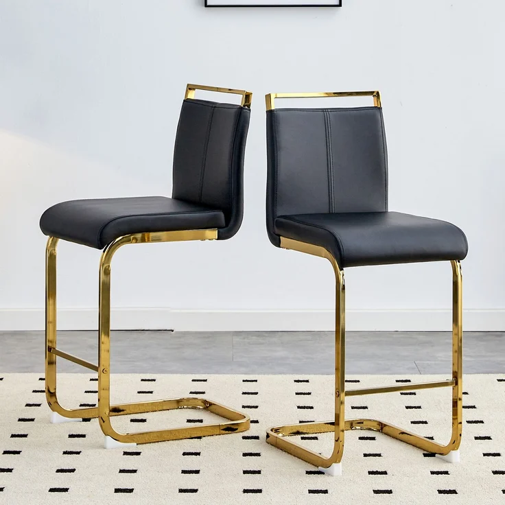 Zweier-Set Barhocker im nordischen Stil (Set mit 2 Stühlen).Hergestellt aus hochwertigem schwarzem Kunstleder mit goldfarbenen Metallbeinen, Geeignet für Restaurants, Küchen u.a.--Schwarz + Gold--39x46.5x96.5cm--YOUDENOVA – Bild 3