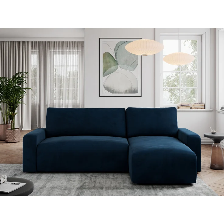 Ecksofa L-form, mit Schlaffunktion und Bettkasten - ARGOS, Dunkelblau, Velours – Bild 2