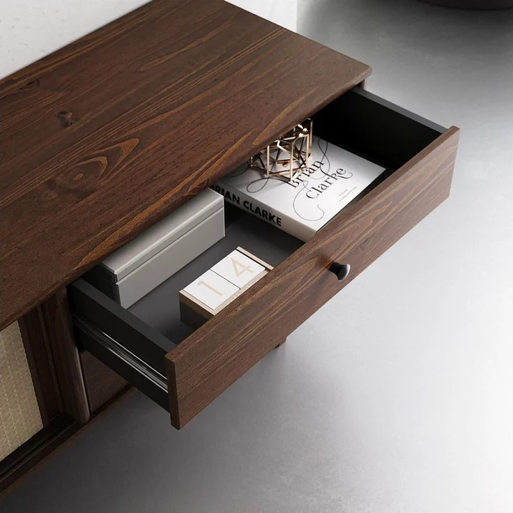 IDIMEX Lowboard SIMONA, TV Schrank 175 cm Massivholz Rattan Schiebetür Nussbaum Finish – Bild 3