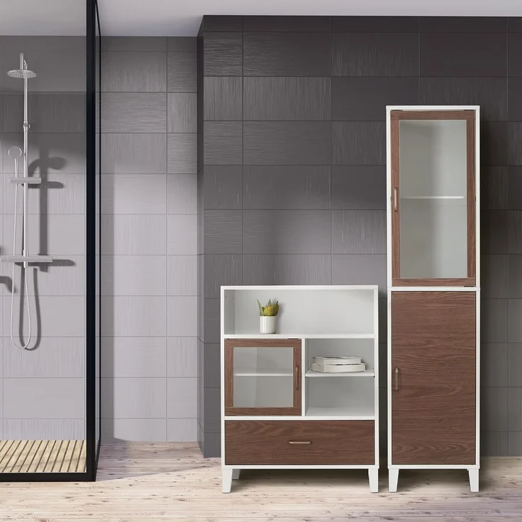 Teamson Home Tyler Holz Badezimmer Leinenturm Boden hoher Schrank Glas Tür 2 Ton weiß/braun EHF-F0009 – Bild 5