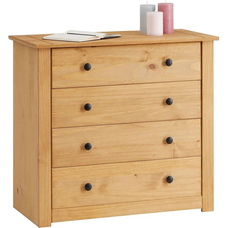 CARO-Möbel Kommode Cancun im Landhaus Stil aus Kiefer massiv, Moderne Anrichte mit 4 Schubladen, Sideboard mit gebeizter gewachster Oberfläche