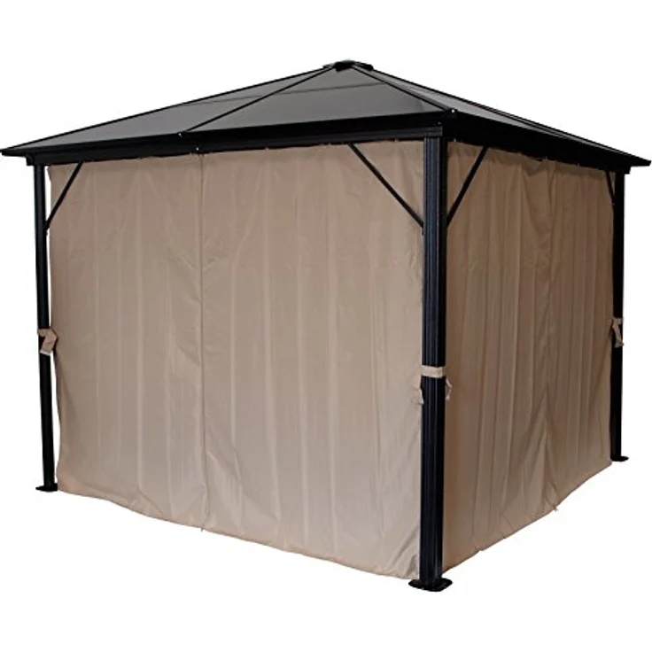 DEGAMO Pavillon Montreal 3x3 Meter, schwarzes Aluminiumgestell, Dach aus braun getönten Polycarbonatplatten, mit beigen Seitenteilen und Moskitonetz – Bild 3