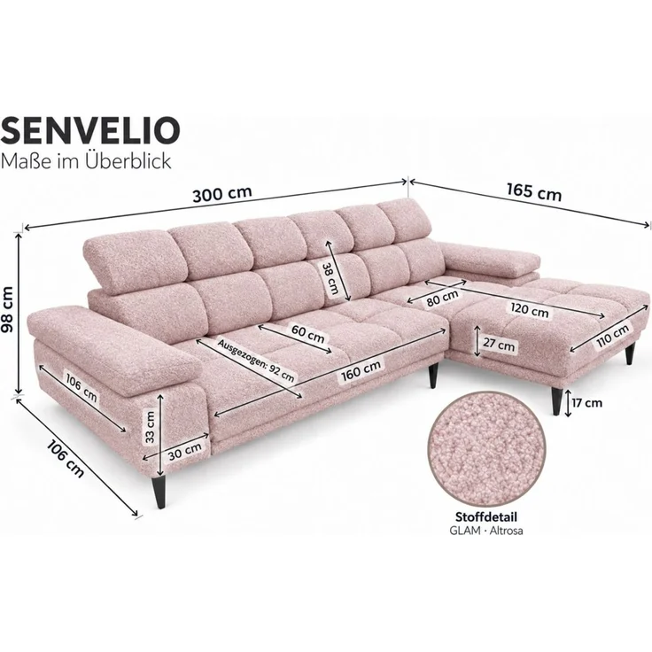 Ecksofa Schlafsofa SENVELIO RELAX inkl. Hocker Stoff Glam Altrosa Ottomane Links – Bild 5