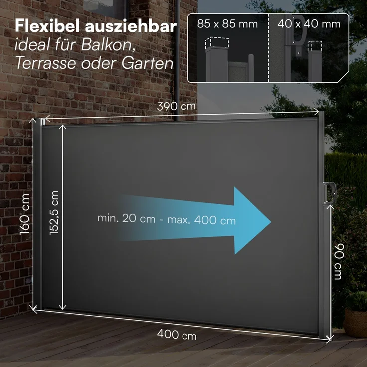 STEELSØN 'Zirella' Seitenmarkise mit Aluminium-Kassette, ausziehbar, 160x400 cm, anthrazit, Windschutz, wetterfest und blickdicht – Bild 8