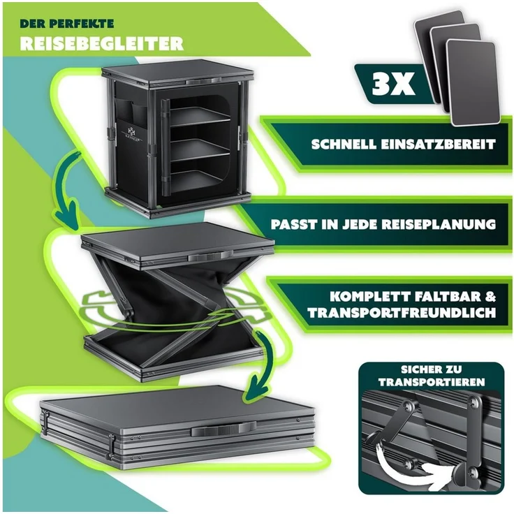 KESSER® Camping Küche faltbar | Outdoor Campingschrank 60/84x80cm | Küchenschrank Aluminiumgestell, 3/6 Fächer inkl 4er Becherset, Seitentaschen & Fliegengitter | Campingküche aus UV-resistentem Stoff Schwarz / Schwarz, 6 Fachböden – Bild 4