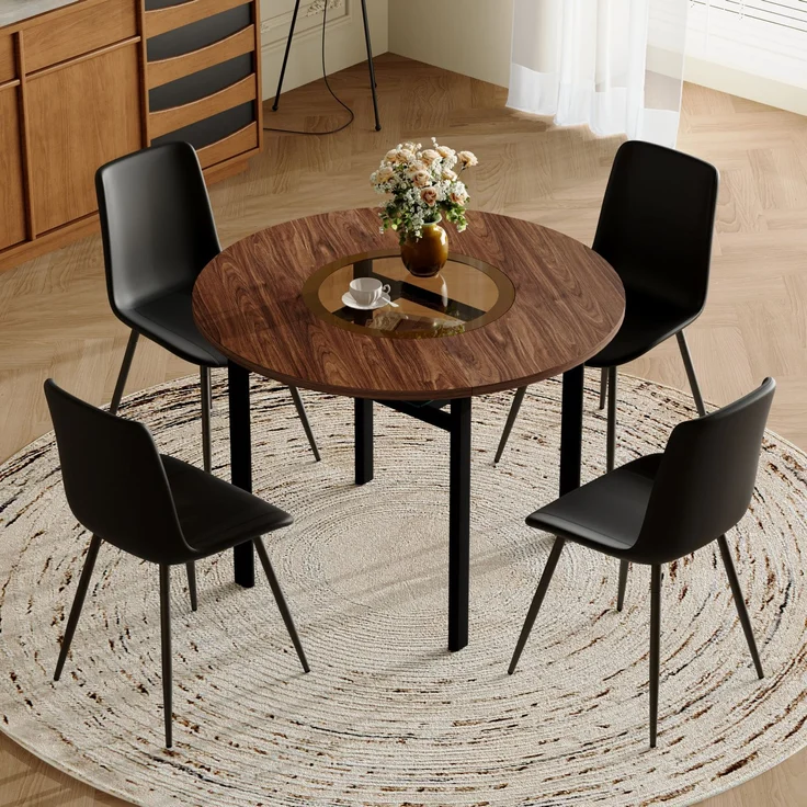 Essgruppe mit rundem Tisch Ø 100x76 cm, Glasablage & 4 PU-Stühlen, Braun/Schwarz – Bild 1