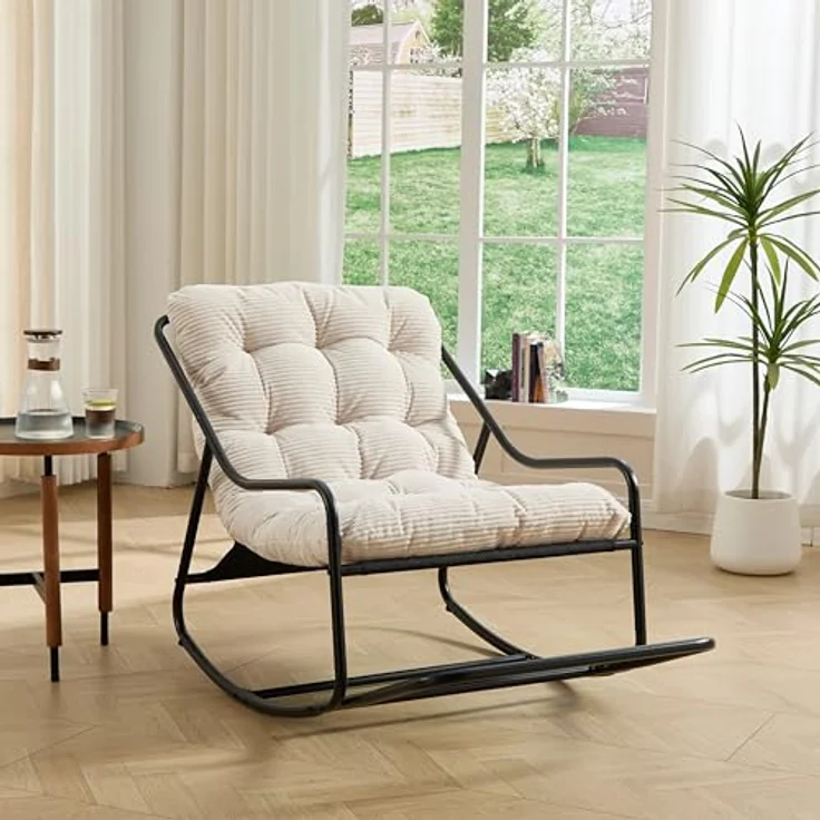Ball & Cast Schaukelstuhl für Drinnen & Draußen, Rocking Chair mit Gepolstertem Kissen und Fußstütze, Balkonsessel für Wohnzimmer, Garten & Terrasse, Weiß – Bild 4