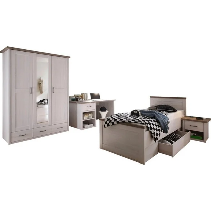 Jugendzimmer Luca in Pinie Weiß und Trüffel Kinderzimmer Landhaus Komplett Set in verschiedenen Varianten wählbar - 5 teilig , Kleiderschrank + Jugendbett + Nachttisch + Schreibtisch + Standregal , 90 x 200 cm – Bild 3
