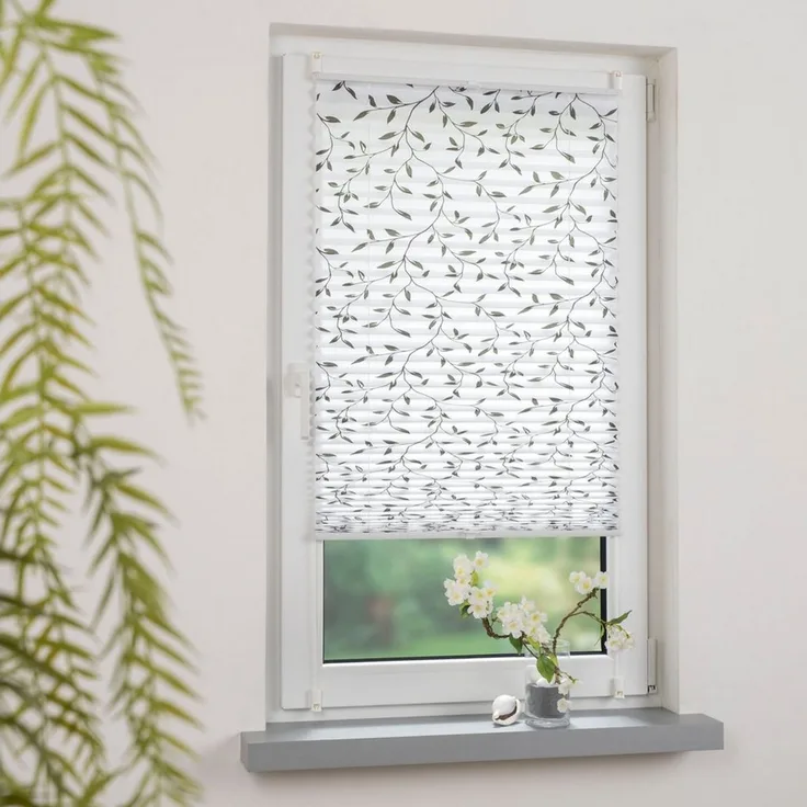 Liedeco Plissee Klemmfix-Plissee verspannt, Druck Blätter, blickdicht, ohne Bohren, verspannt, Klemmfix, Bedrucktes Plissee mit Blattmotiv