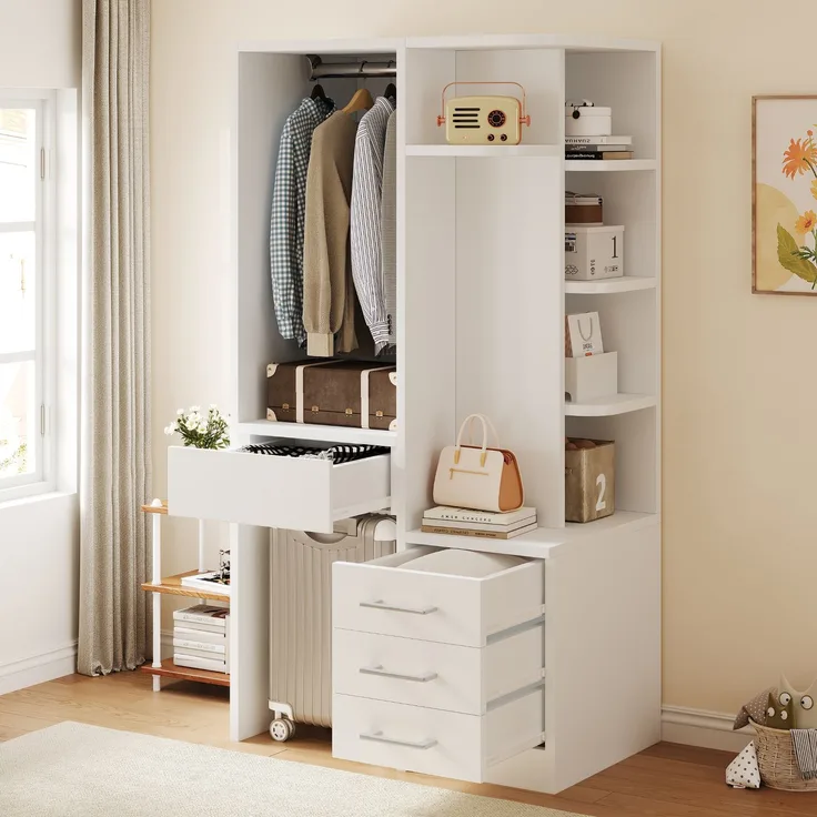 Kleiderschrank 70x45x135 cm in Weiß mit offenem Hängebereich und Schubladen