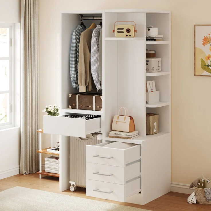 Kleiderschrank 70x45x135 cm in Weiß mit offenem Hängebereich und Schubladen – Bild 1