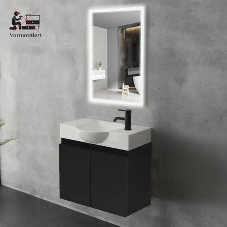 Alpenberger Badmöbel-Set Gäste WC Waschbecken mit Unterschrank 55 cm Breit, (Schwarzer Badschrank Klein, Waschtischunterschrank mit Softclose), Keramik Einbauwaschbecken Eckig Oval – Bild 5