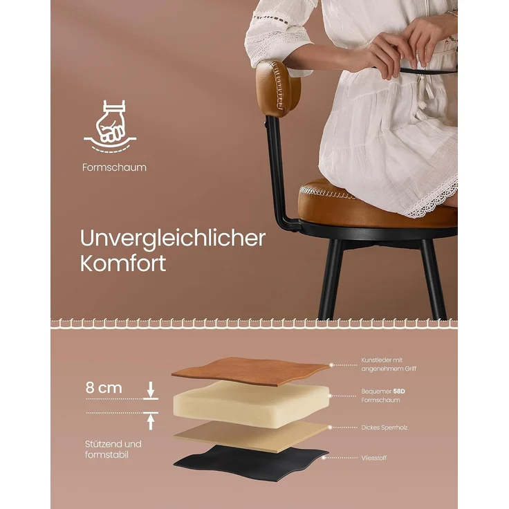 VASAGLE EKHO Kollektion - 360° drehbarer Barhocker, 2er Set, Hocker mit Rückenlehne für Kücheninsel, Kunstleder mit Nähten, Mid-Century-Modern-Stil, 65 cm hoch, Küche, Hausbar, karamellbraun – Bild 7
