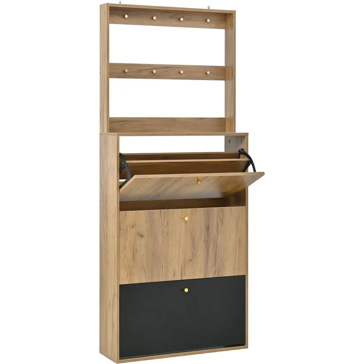 ZUBALIYA Schuhschrank (75 x 24 x 180 cm), Haken zur Aufbewahrung, Aus Spanplatte, Stauraum für Flur und Eingangsbereich, Schwarz / Naturfarben – Bild 16