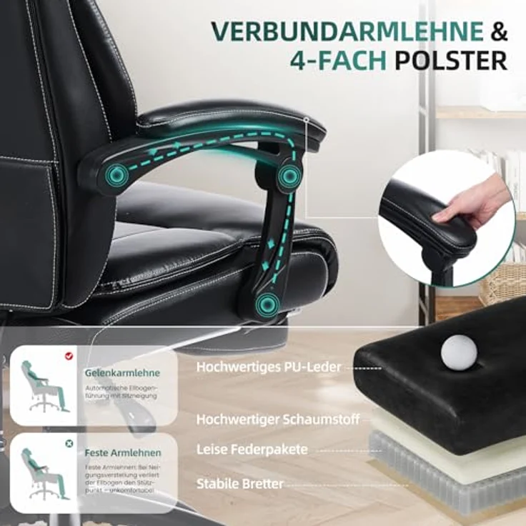 COLAMY Ergonomischer Chefsessel mit Fußstütze, gepolsterten Hochklapparmen und Kippverstellung für langes Arbeiten im Homeoffice, Schwarz – Bild 6