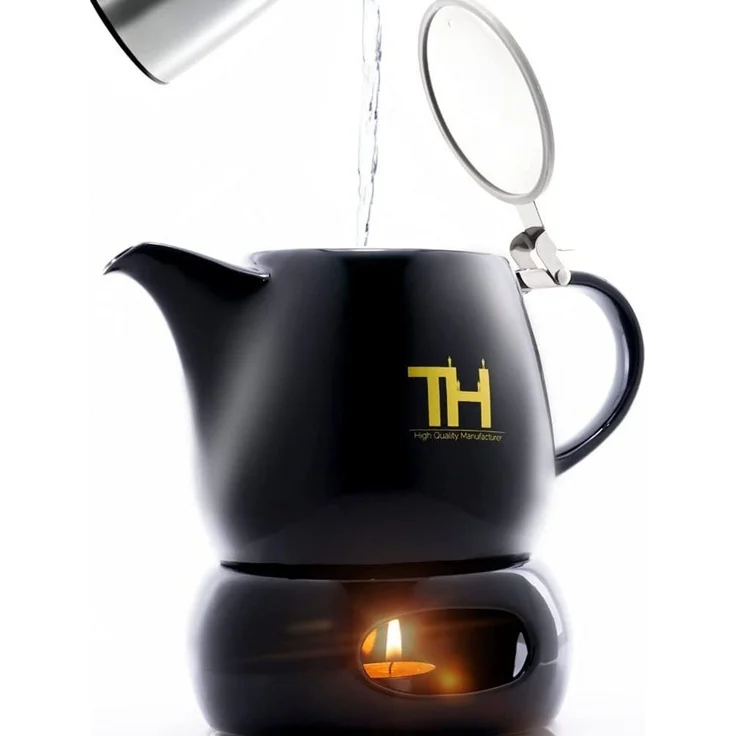 Thiru Teekanne mit Stövchen Porzellan, inkl. Edelstahl Siebeinsatz, 1.2 l, (Hitzebeständiges Porzellan aus Handarbeit), Innovative Mundform für leichtes Ausschenken – Bild 5