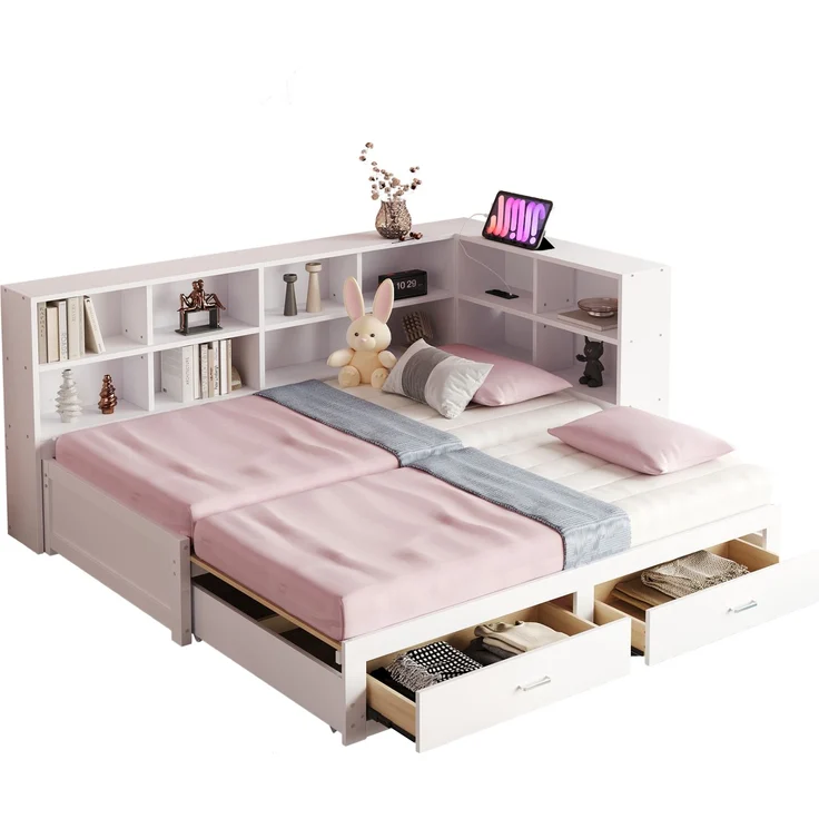EINHOM Massivholzsofa 90 x 190 cm, mit Ausziehbarem Bett, mit Staufach, Schubladen, Lattenrost, Multifunktionales Einzelholzbett, Weiß (Ohne Matratze) – Bild 6