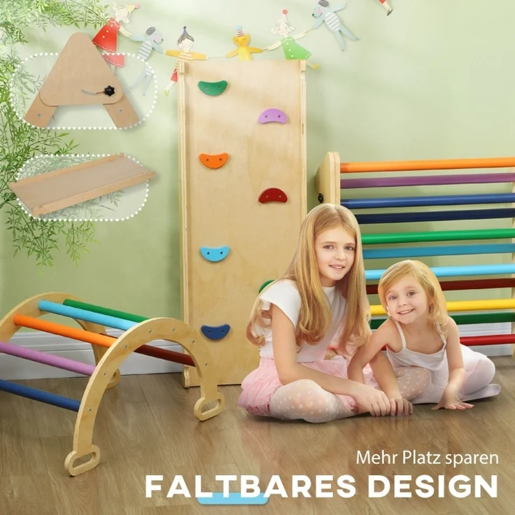 LVHOM 5-in-1 Klettergerüst aus Holz, Pikler Dreieck mit Rutsche & Bogenbrücke, faltbares Kletterdreieck für Kleinkinder, Motorikspielzeug bis 50 kg – Bild 7