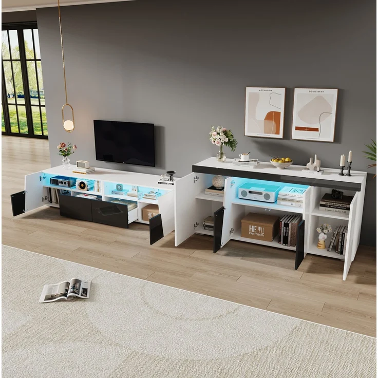 DESVIAE TV-Schrank-Set mit LED-Beleuchtung, 180x38,5x45 cm und 140x65x40 cm, MDF/Spanplatte, Schwarz-Weiß – Bild 2