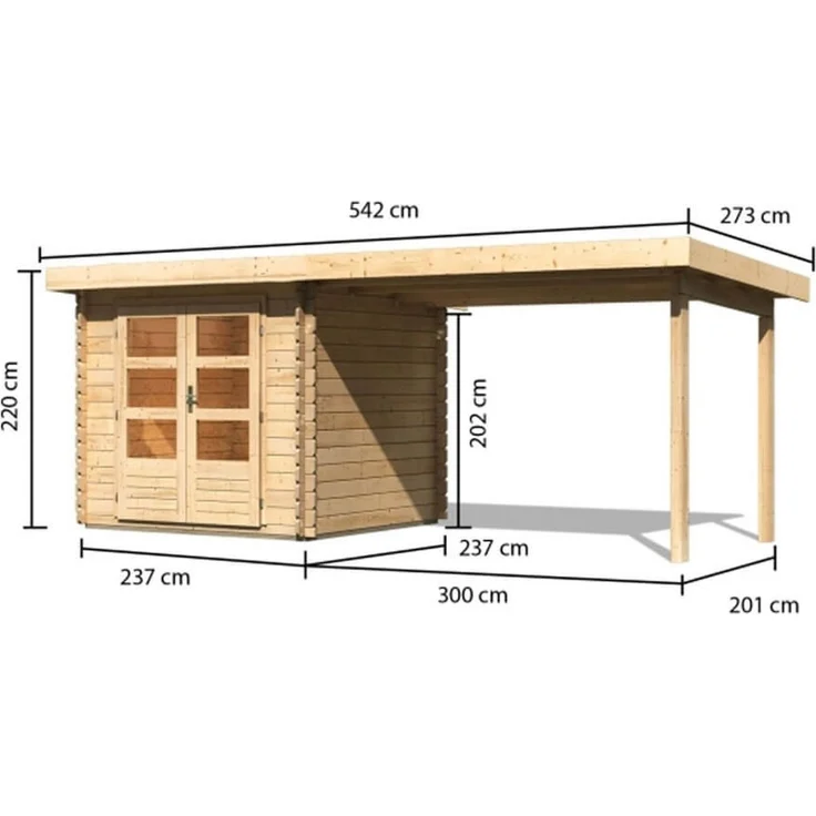 Gartenhaus Bastrup 2 - 519x237 cm mit Anbaudach 3,00 m mit Rückwand, 28 mm Holz naturbelassen – Bild 2