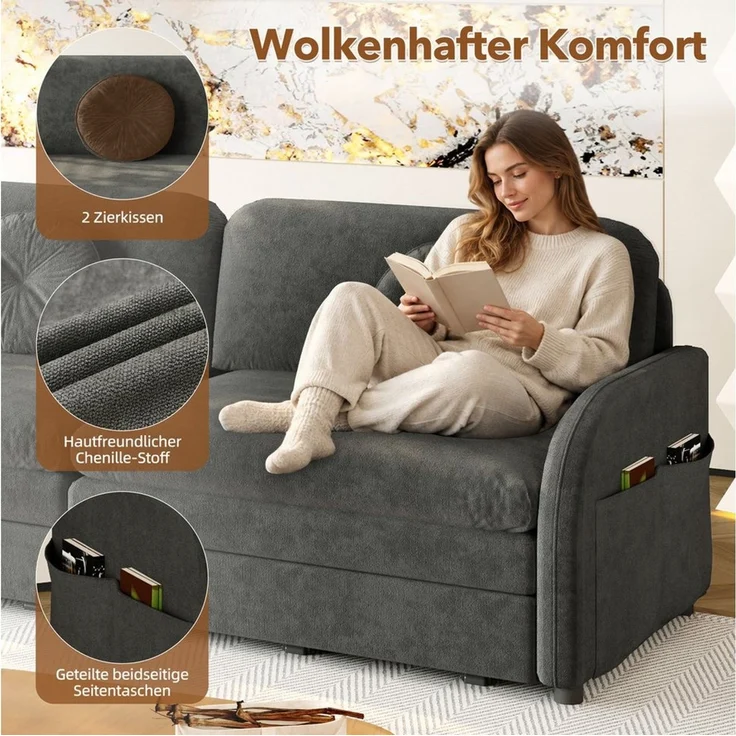 i@home 2-Sitzer 206 cm ausziehbares Sofa mit Schlaffunktion,3-in-1 Schlafsofa,Grau, mit Kissen und Stautaschen an beiden Seiten, Chenille, 206 x 84 x 90 cm – Bild 4