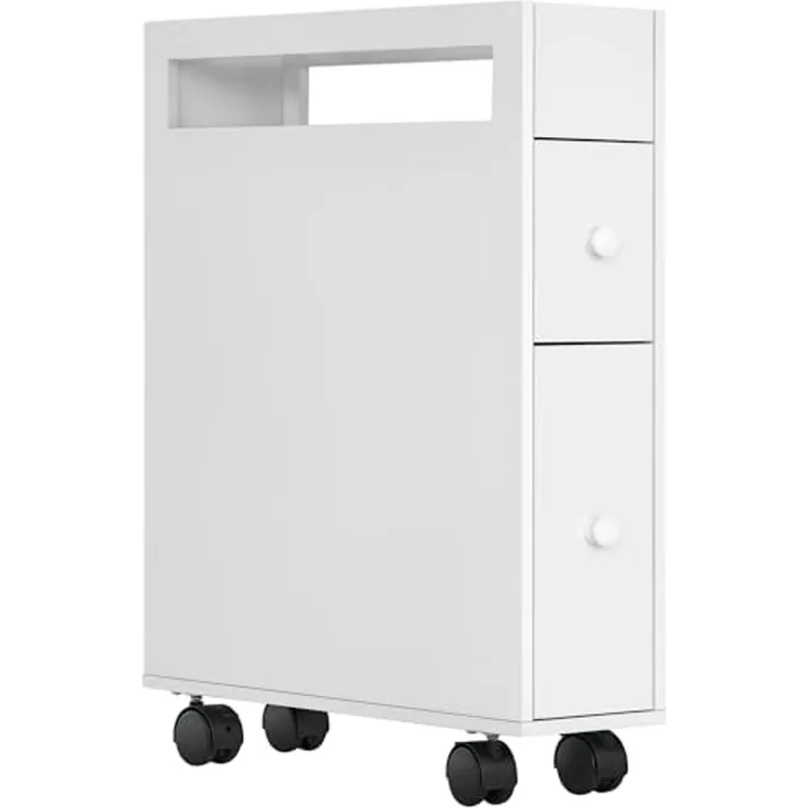 kleankin Badezimmerschrank mit Rollen, Nischenschrank mit 2 Schubladen, Badschrank mit offenem Fach, Badrollwagen, für Bad, 16 x 49,5 x 66 cm, Weiß