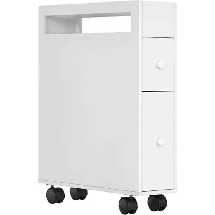 kleankin Badezimmerschrank mit Rollen, Nischenschrank mit 2 Schubladen, Badschrank mit offenem Fach, Badrollwagen, für Bad, 16 x 49,5 x 66 cm, Weiß – Bild 1