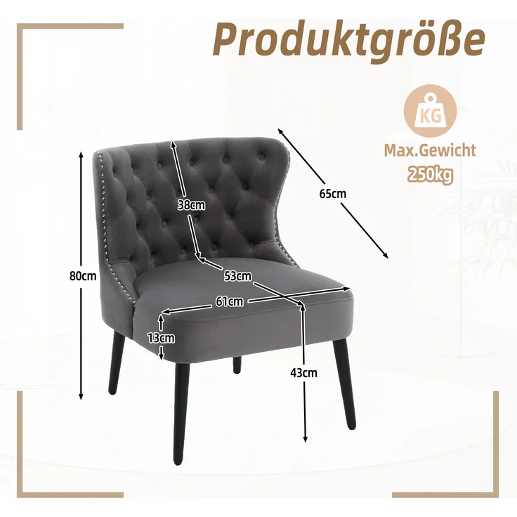 LVHOM Polsterstuhl aus Samt, Esszimmerstühle mit Knopfheftung, ohne Armlehnen, Massivholz Beine, Für Wohnzimmer, Büro & Schlafzimmer, Grau – Bild 6