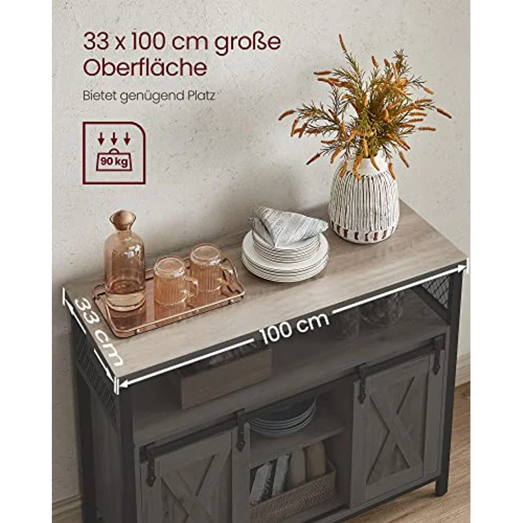 Vasagle Sideboard mit 2 Schiebetüren und verstellbaren Ablagen, Spanplatte, 33 x 100 x 80 cm, Greige / Schwarz – Bild 5
