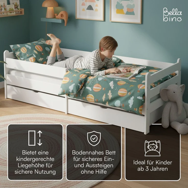 Bellabino 'Kuru' Kinderbett 90x200 cm mit Matratze und 2 Schubladen, weiß, Jugendbett mit Rausfallschutz und Lattenrost – Bild 4