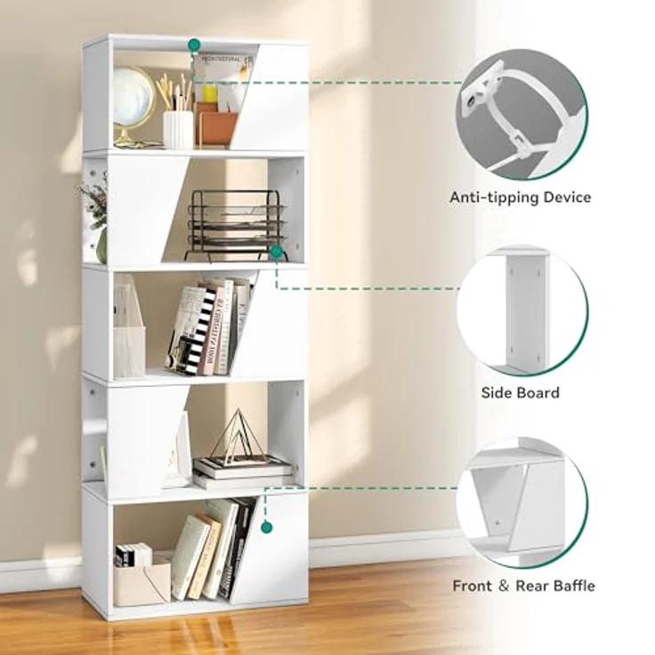YITAHOME Bücherregal, 5-stöckiges hohes Standregal, industrielles Bücherregal, bodenstehendes Regal, Lagerregal mit offenen Regalen für Wohnzimmer, Schlafzimmer, Heimbüro, Weiß – Bild 5