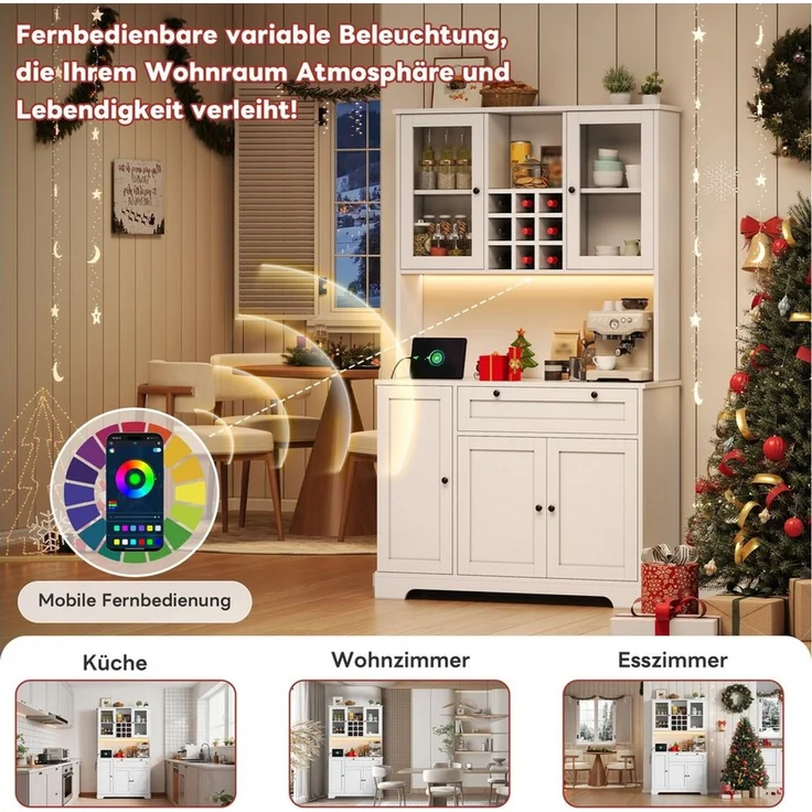 Celya Hochschrank Küchenschrank, Vitrinenschrank mit LED-Beleuchtung und Steckdose (mit 5 Tür, integriertem Gewürzregal, verstellbaren Einlegeböden) Ideal für Esszimmer, Wohnzimmer und Küche – Bild 3