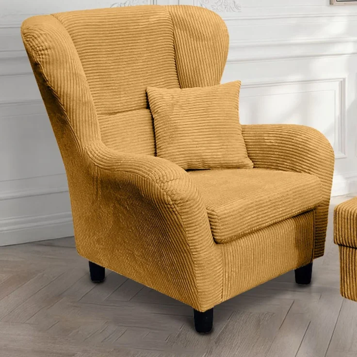 Ohrensessel mit Hocker Landhausstil Polster-TV-Lesesessel in Cord Gold Ockergelb – Bild 3