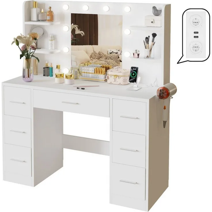 HOMALL Schminktisch Mit dreifarbiger LED-Beleuchtung, mit Spiegel, optional mit Hockern (Maße: 110 x 40 x 137 cm, mit 10 kugelförmigen Lampen, deren Helligkeit und Farbtemperatur einstellbar sind, sowie einer Schublade. Ausgestattet mit 1 USB-Anschluss...