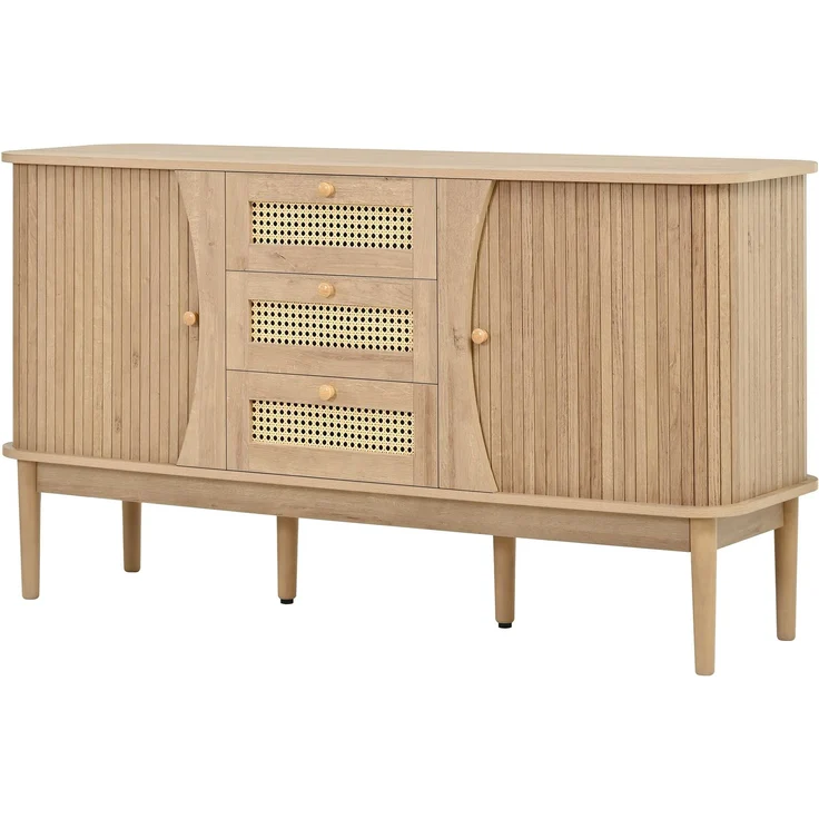 DESVIAE Sideboard Natur aus MDF – 141x77x40 cm – 3 Rattanschubladen, Schiebetüren – Bild 7
