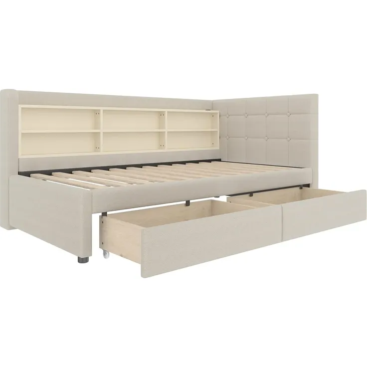 Stauraumbett mit Schubladen, Lattenrost, Regal, USB und Type-C Anschluss, 90x200 cm, Einzelbett, Polsterbett, Leinen – Bild 4