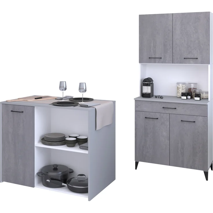 Mehrzweckschrank-Set >Malice 3< (2-teilig) Buffetschrank + Beistelschrank, in Beton Optik hell / Weiss – Bild 1