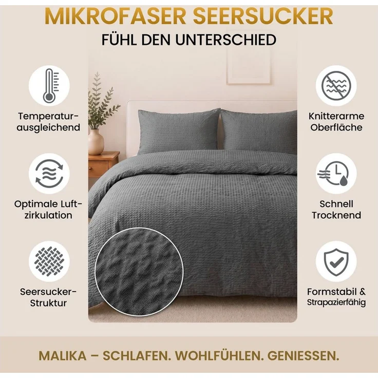 Malika Bettwäsche aus 100 % Mikrofaser, 135x200 + 80x80 cm, Seersucker, Anthrazit, Seersucker, 2 teilig, Für Allergiker geeignet, pflegeleicht, angenehm weicher Stoff – Bild 3